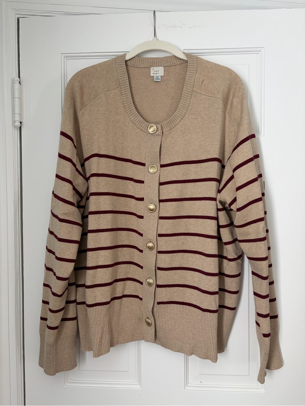 a new day Beige Cardigan with Burgundy Stripes and Gold Buttons